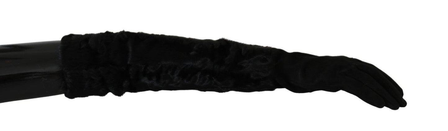 Dolce &amp; Gabbana Black Elbow Length Mitten Suede Fur Gloves