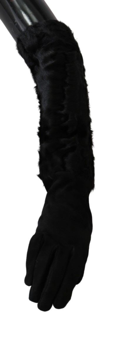 Dolce &amp; Gabbana Black Elbow Length Mitten Suede Fur Gloves