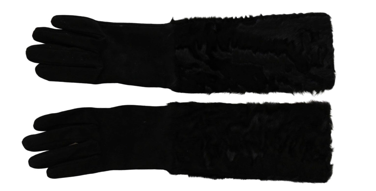 Dolce &amp; Gabbana Black Elbow Length Mitten Suede Fur Gloves