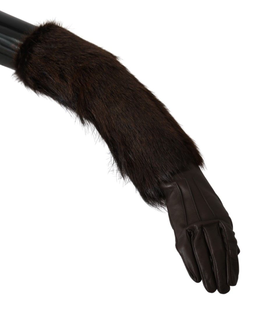 Dolce &amp; Gabbana Brown Elbow Length Mittens Leather Fur Gloves