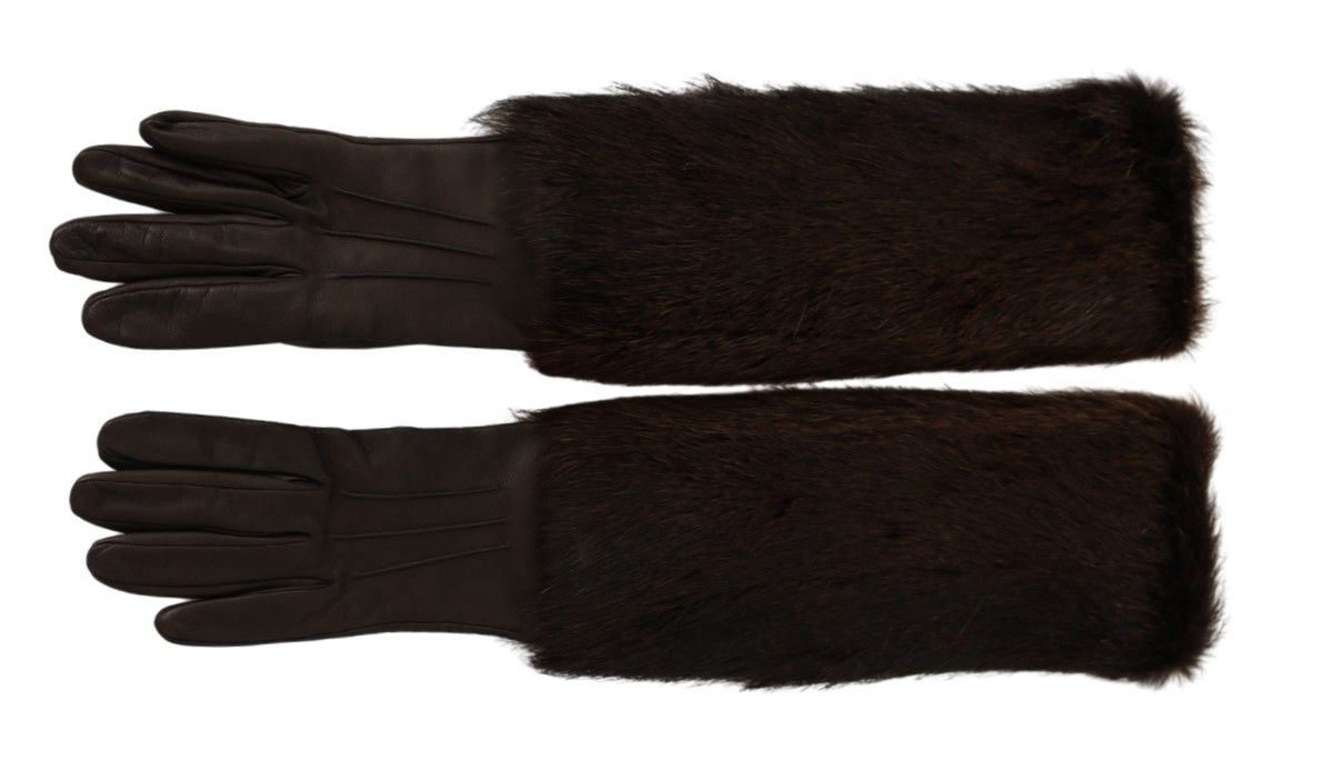 Dolce &amp; Gabbana Brown Elbow Length Mittens Leather Fur Gloves