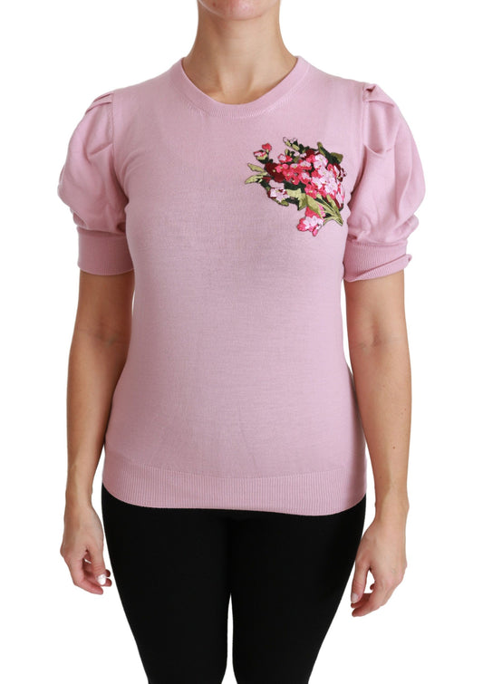 Dolce &amp; Gabbana Pink Floral Embroidered Blouse Wool Top