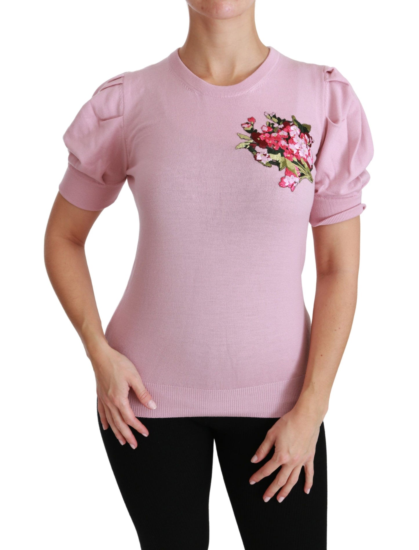 Dolce &amp; Gabbana Pink Floral Embroidered Blouse Wool Top