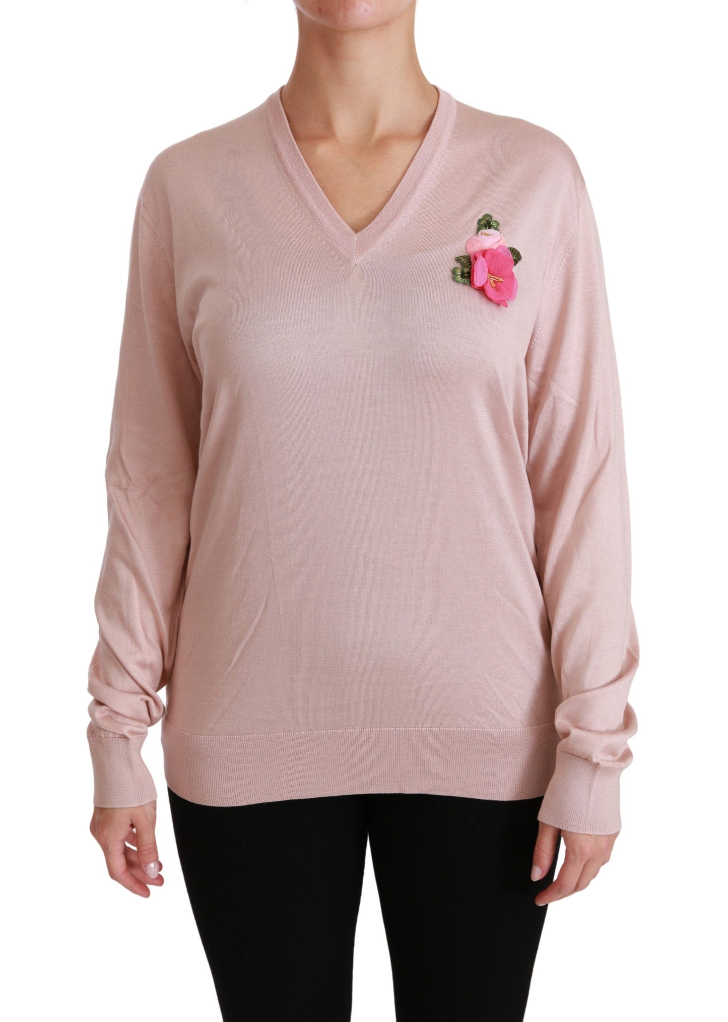 Dolce &amp; Gabbana Pink Floral Embellished Pullover Silk Sweater