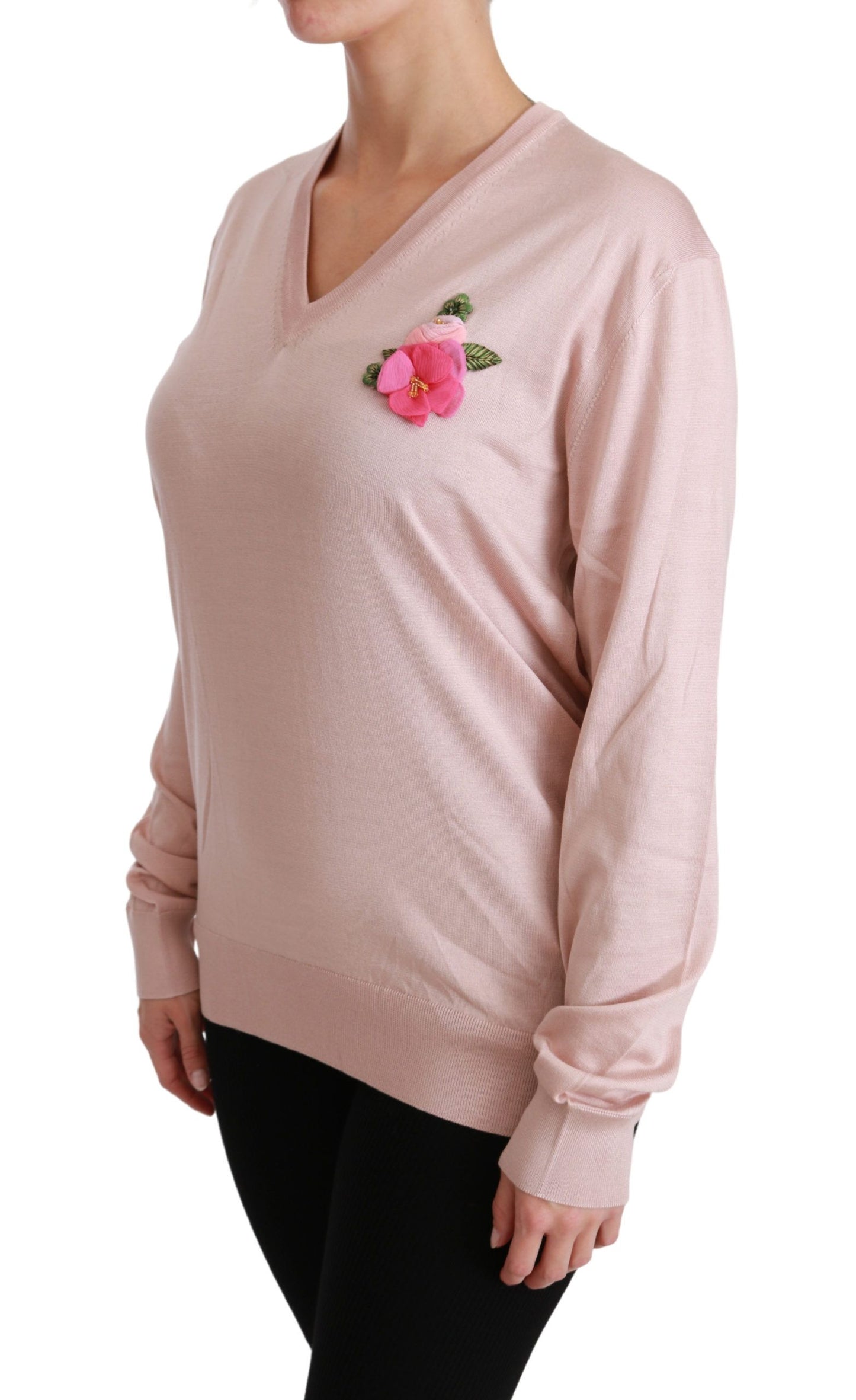 Dolce &amp; Gabbana Pink Floral Embellished Pullover Silk Sweater