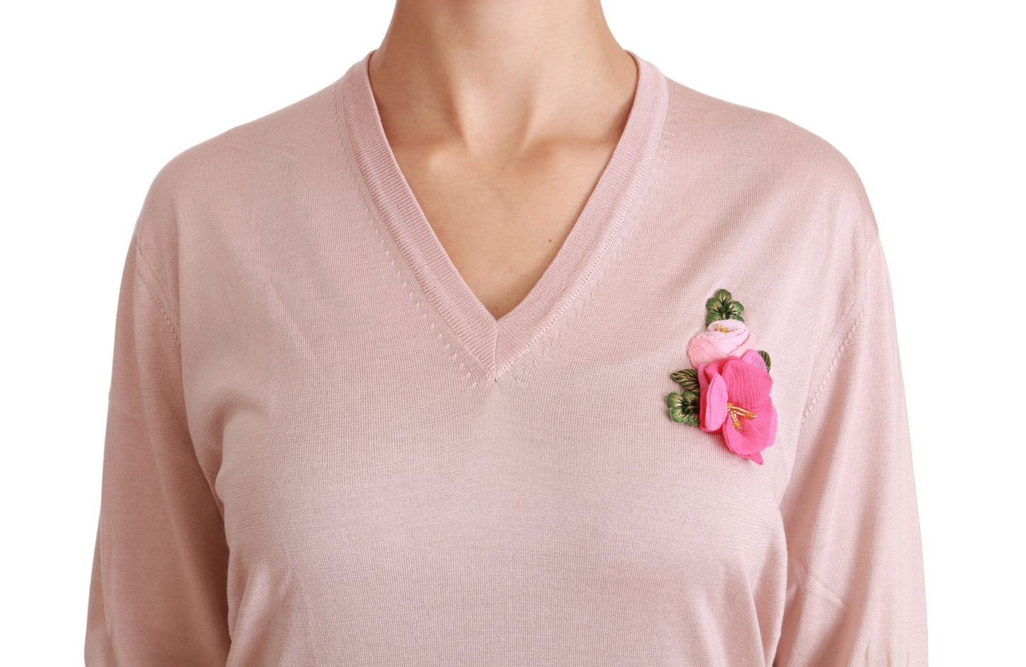 Dolce &amp; Gabbana Pink Floral Embellished Pullover Silk Sweater