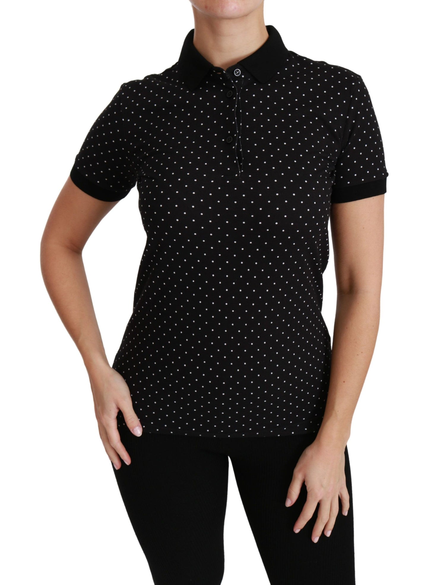 Dolce &amp; Gabbana Black Dotted Collared Polo Shirt Cotton Top