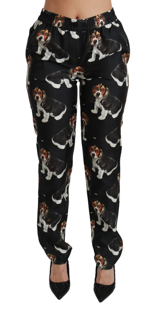 Dolce &amp; Gabbana Black Puppy Dog Mid Waist Skinny Silk Pants