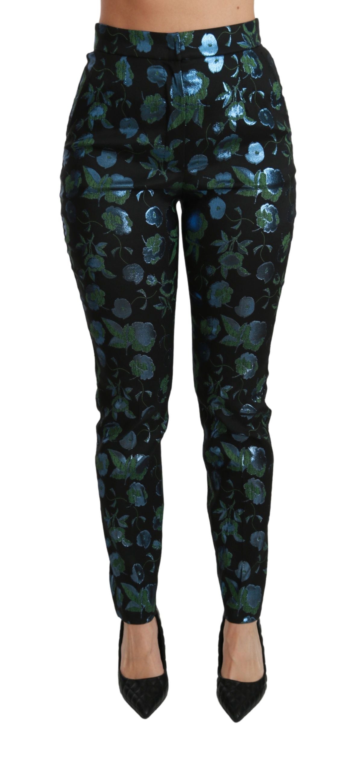 Dolce &amp; Gabbana Blue Green Floral Metallic Slim Pants