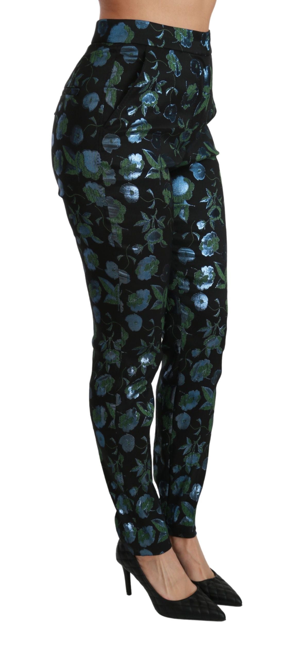 Dolce &amp; Gabbana Blue Green Floral Metallic Slim Pants