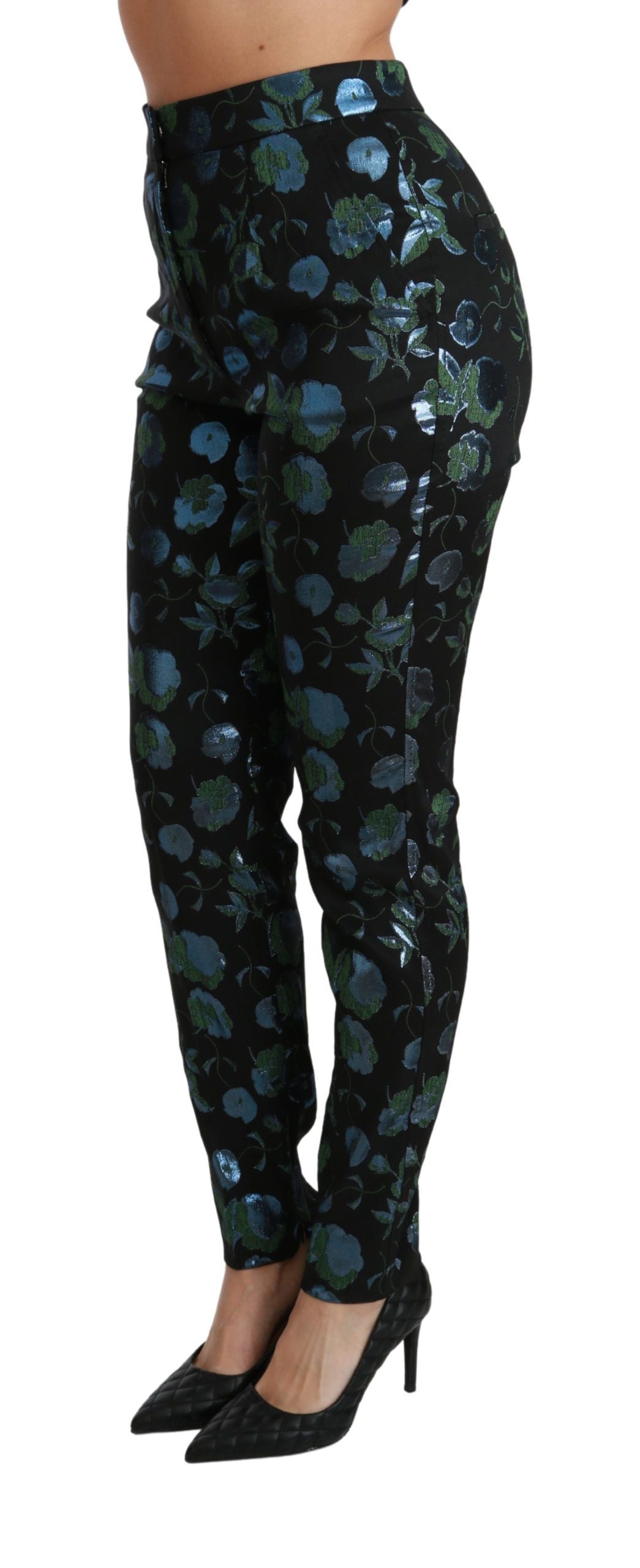 Dolce &amp; Gabbana Blue Green Floral Metallic Slim Pants