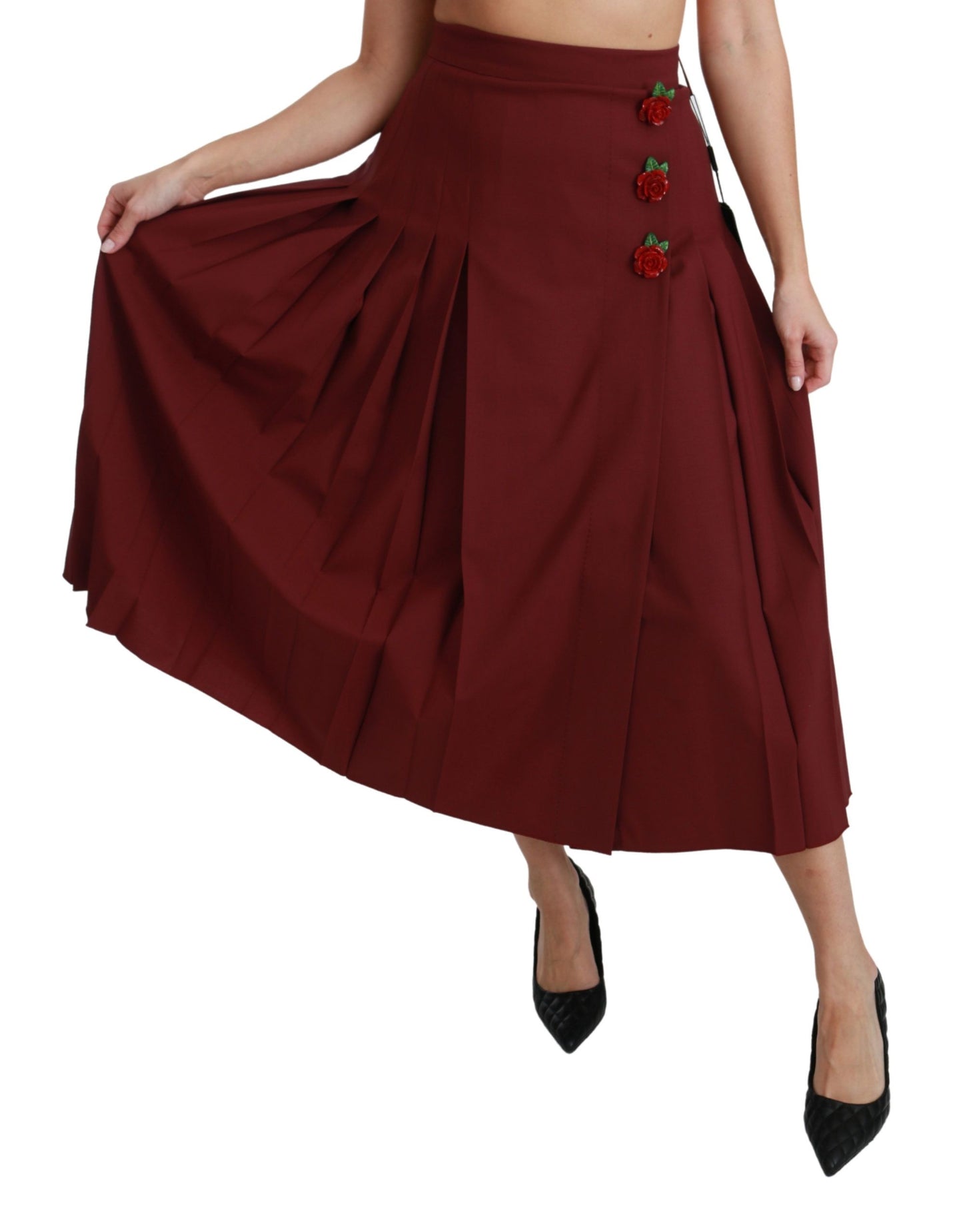 Dolce &amp; Gabbana Red High Waist Pleated Maxi Wool Skirt