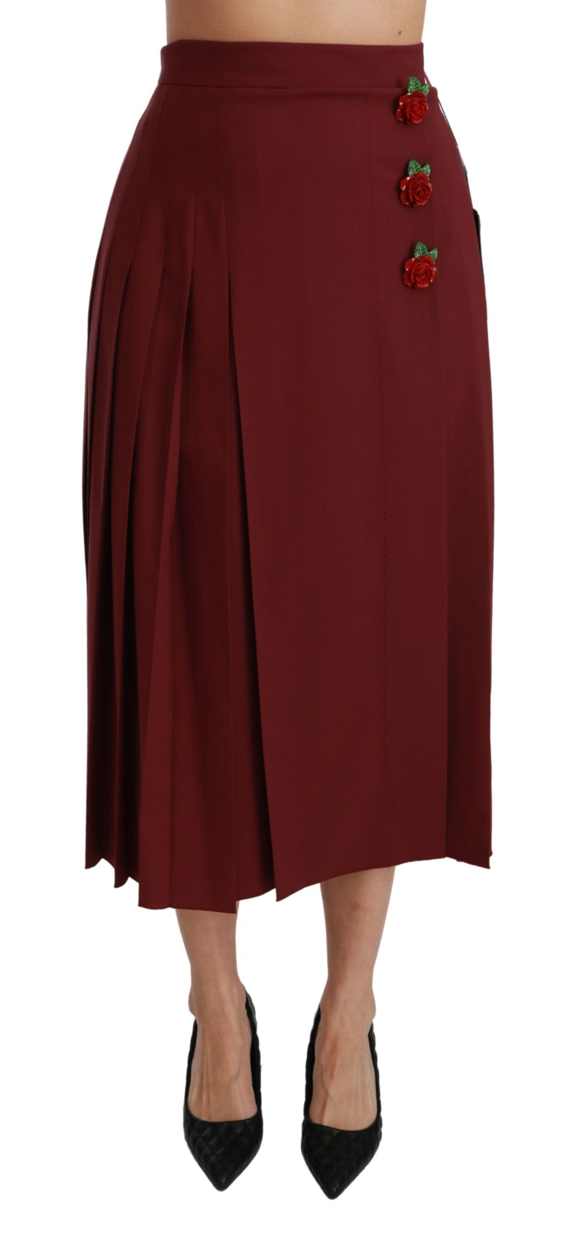 Dolce &amp; Gabbana Red High Waist Pleated Maxi Wool Skirt