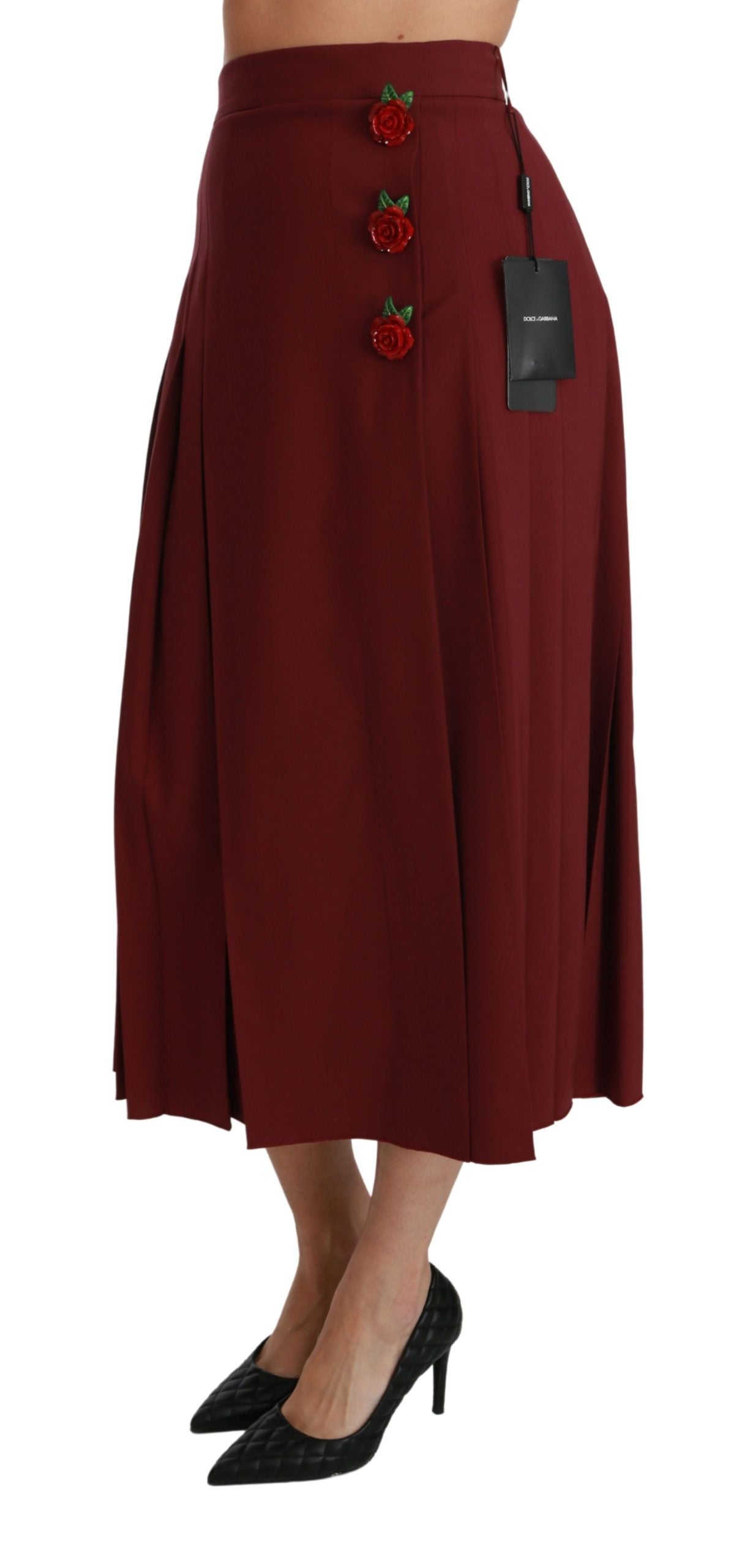 Dolce &amp; Gabbana Red High Waist Pleated Maxi Wool Skirt