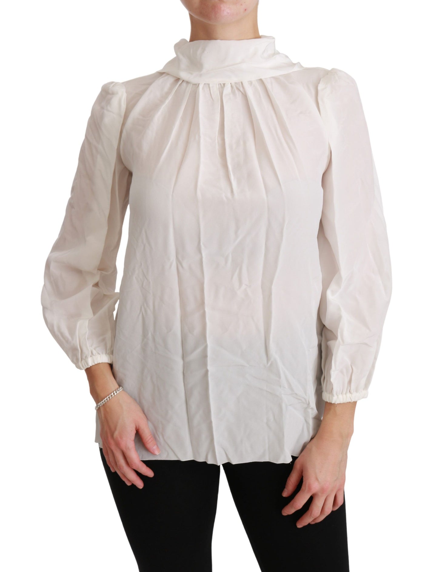 Dolce &amp; Gabbana White Turtle Neck Blouse Shirt Silk Top