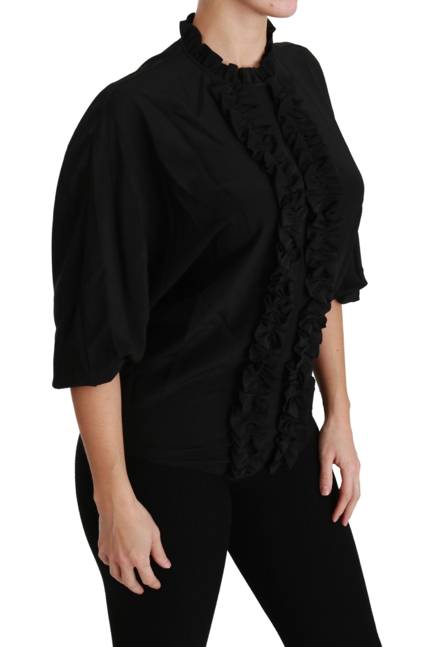 Dolce &amp; Gabbana Black Silk Shirt Ruffled Top Blouse