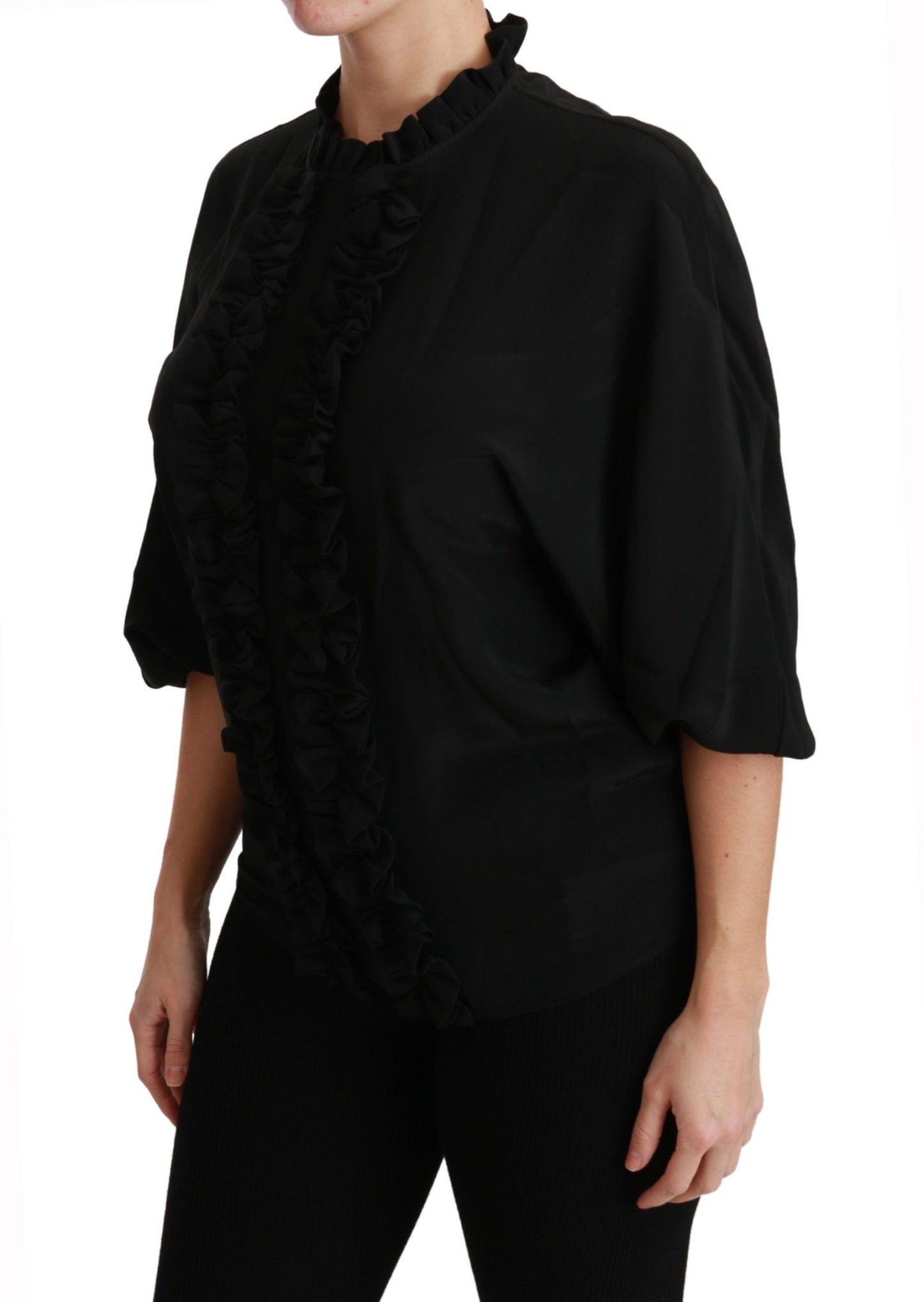 Dolce &amp; Gabbana Black Silk Shirt Ruffled Top Blouse