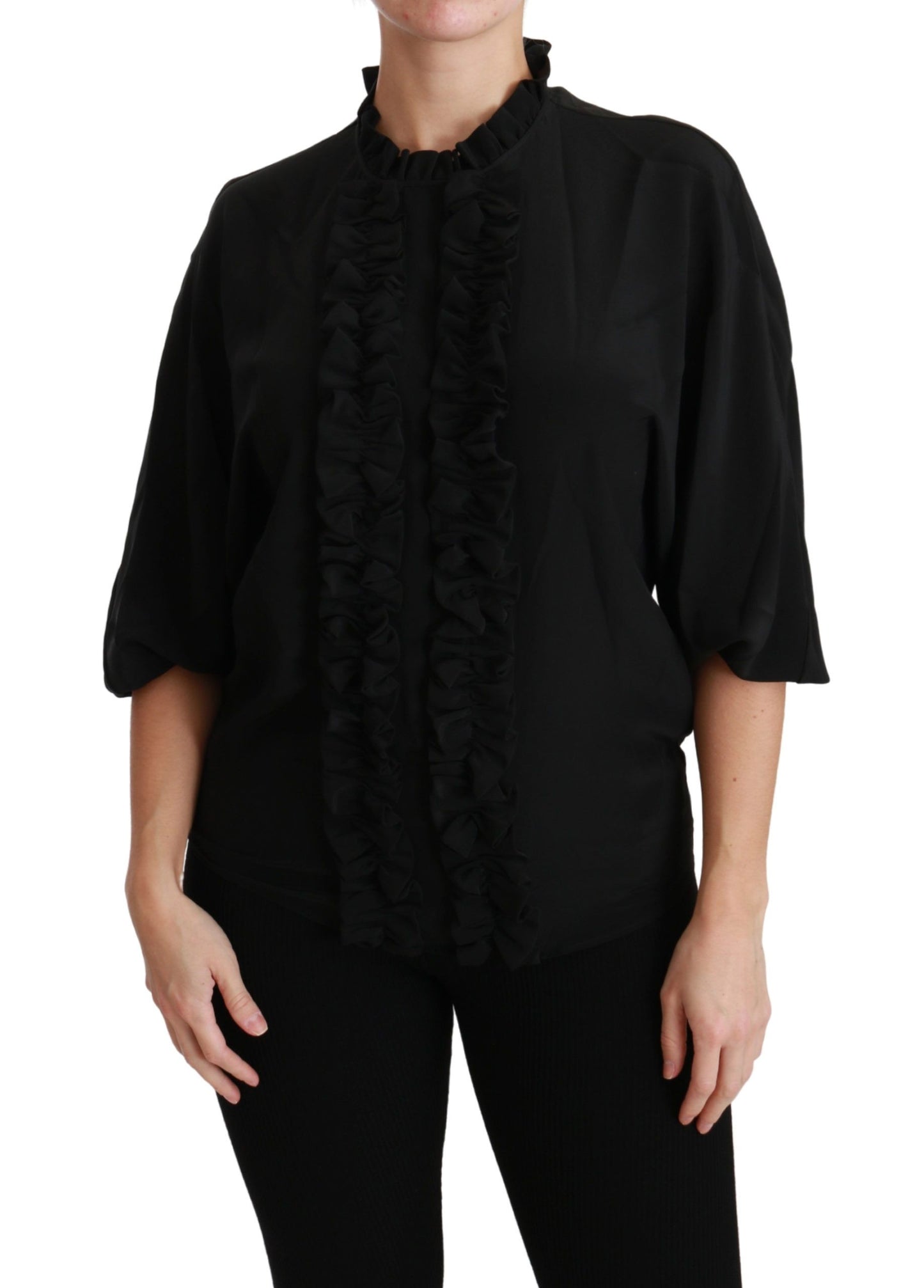 Dolce &amp; Gabbana Black Silk Shirt Ruffled Top Blouse