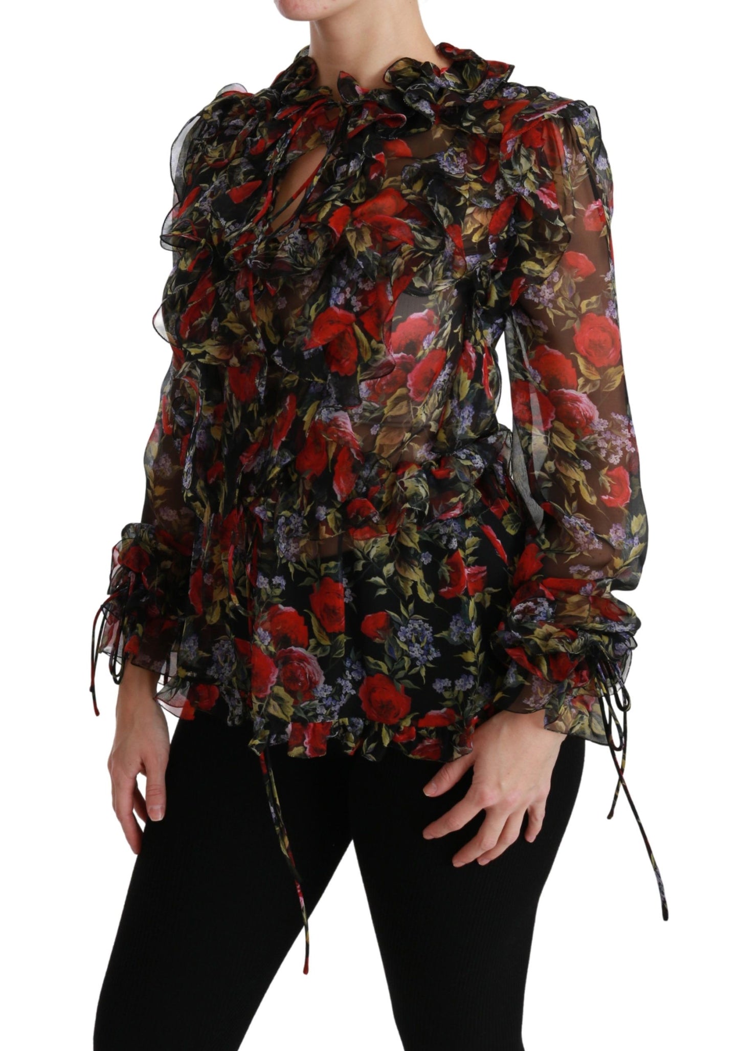 Dolce &amp; Gabbana Black Floral Roses Blouse Silk Top