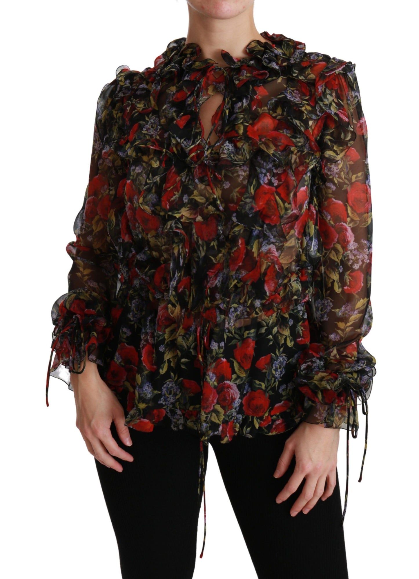 Dolce &amp; Gabbana Black Floral Roses Blouse Silk Top