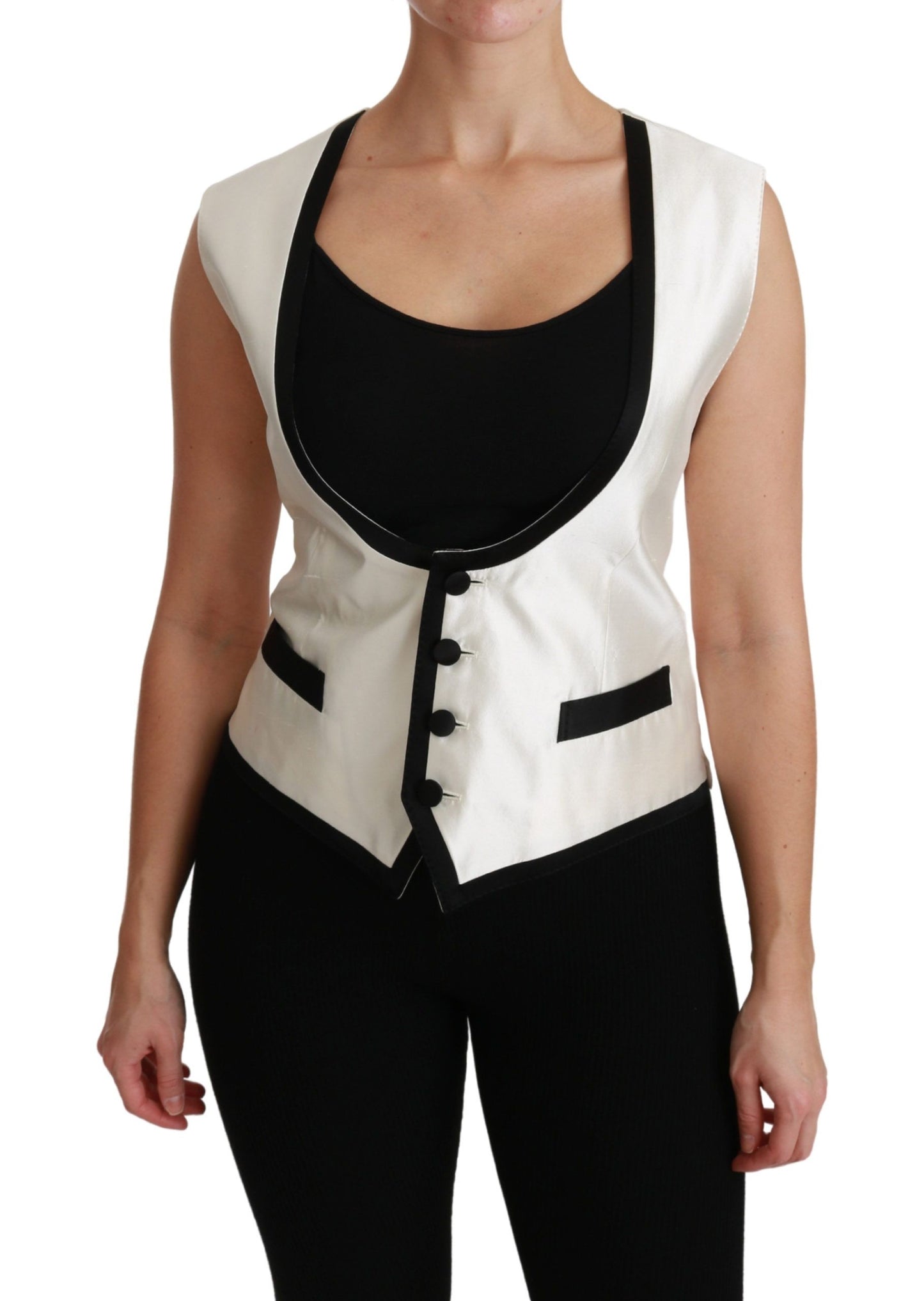 Dolce &amp; Gabbana White Waistcoat Slim Vest Silk Top