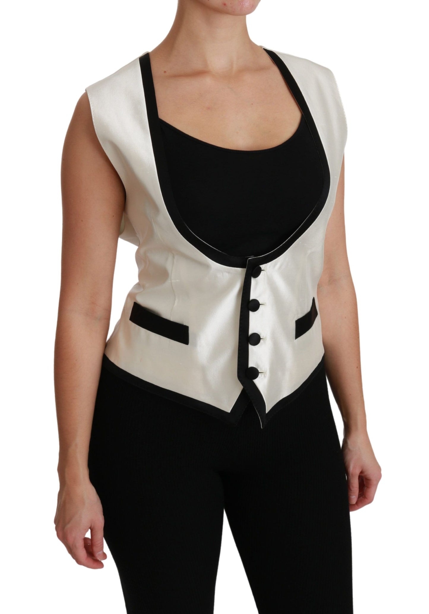 Dolce &amp; Gabbana White Waistcoat Slim Vest Silk Top