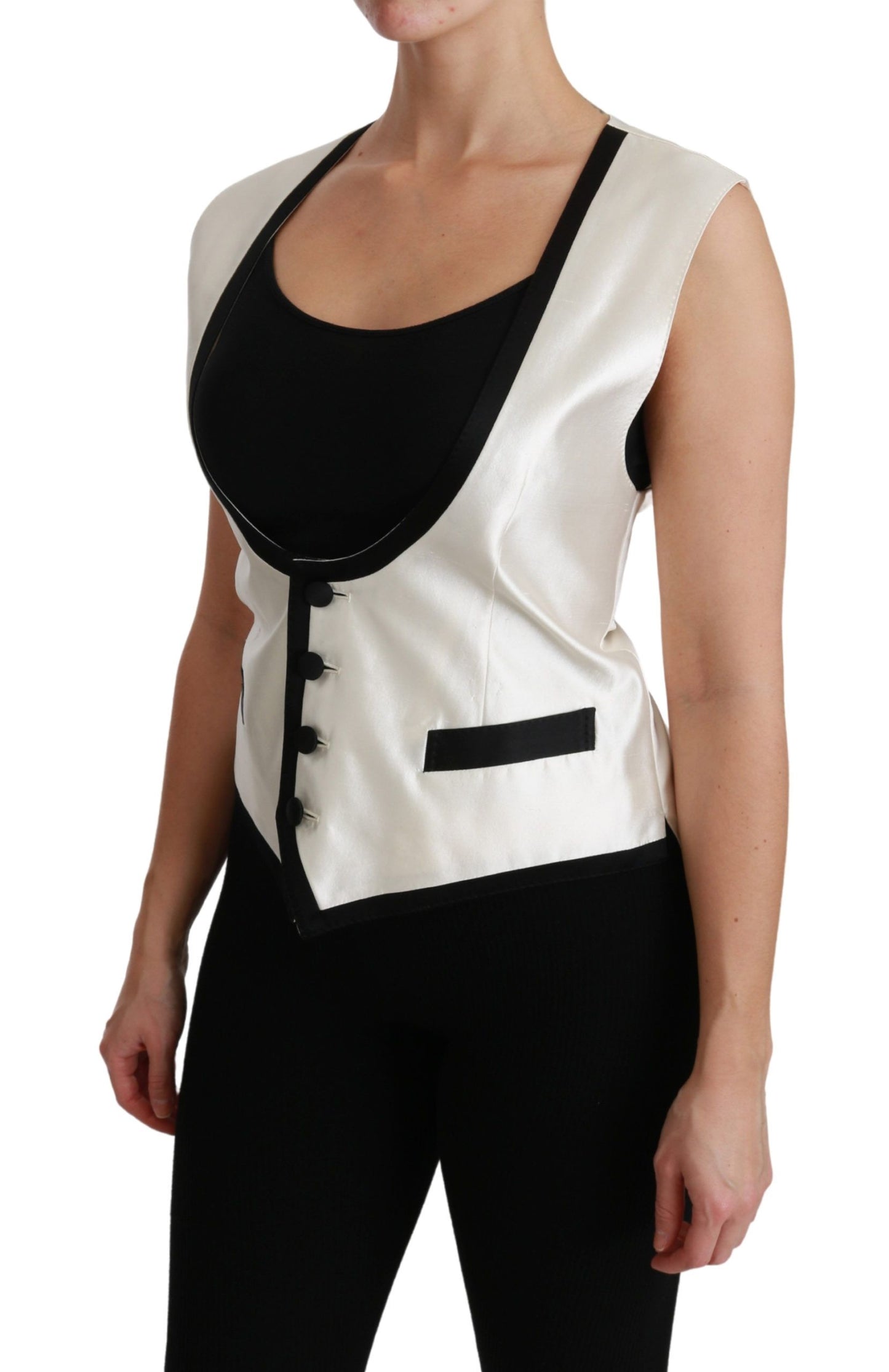 Dolce &amp; Gabbana White Waistcoat Slim Vest Silk Top