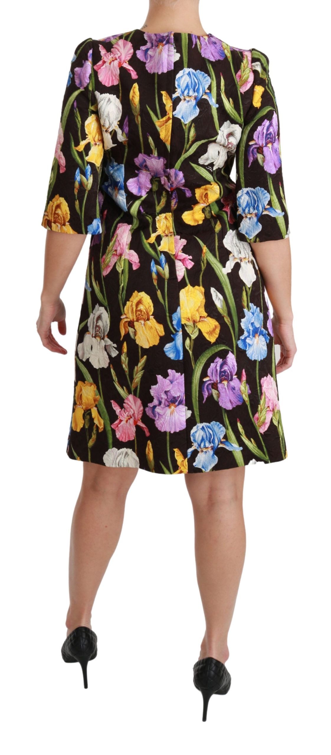 Dolce &amp; Gabbana Schwarzes Etuikleid aus Baumwollseide mit Blumenmuster