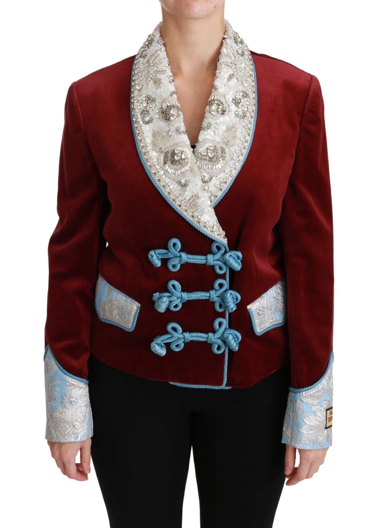 Dolce &amp; Gabbana Red Velvet Baroque Crystal Blazer Jacket