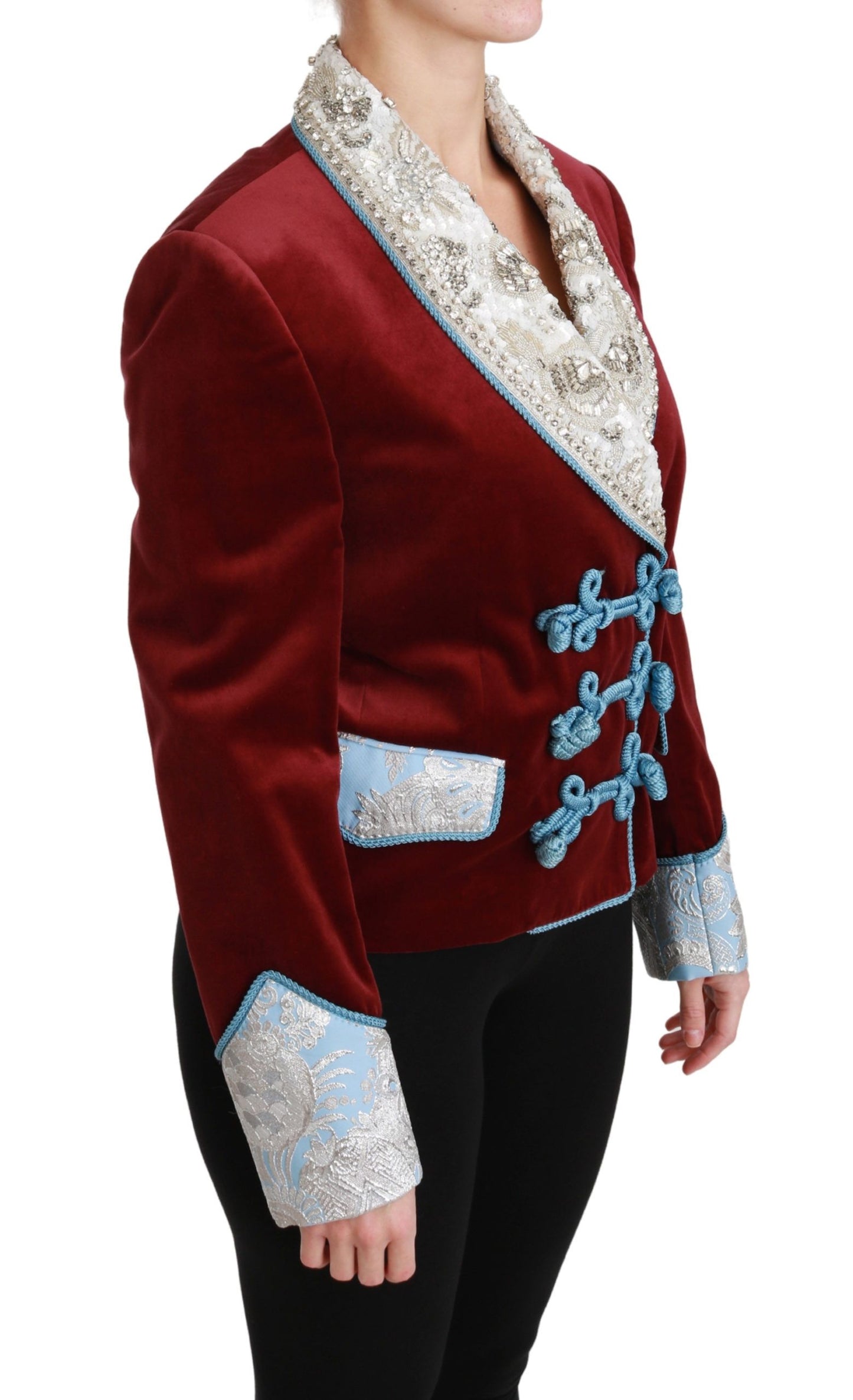 Dolce &amp; Gabbana Red Velvet Baroque Crystal Blazer Jacket