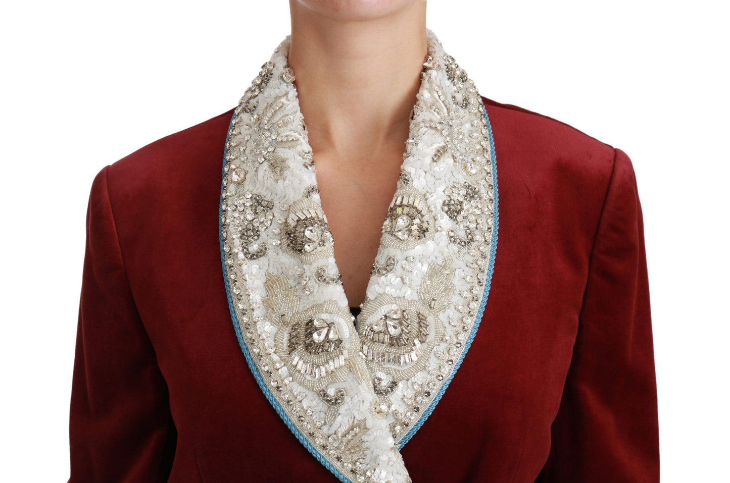 Dolce &amp; Gabbana Red Velvet Baroque Crystal Blazer Jacket