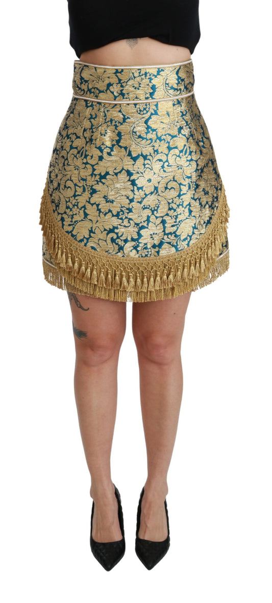 Dolce &amp; Gabbana Blue High Waist Jacquard Tassel Gold Skirt