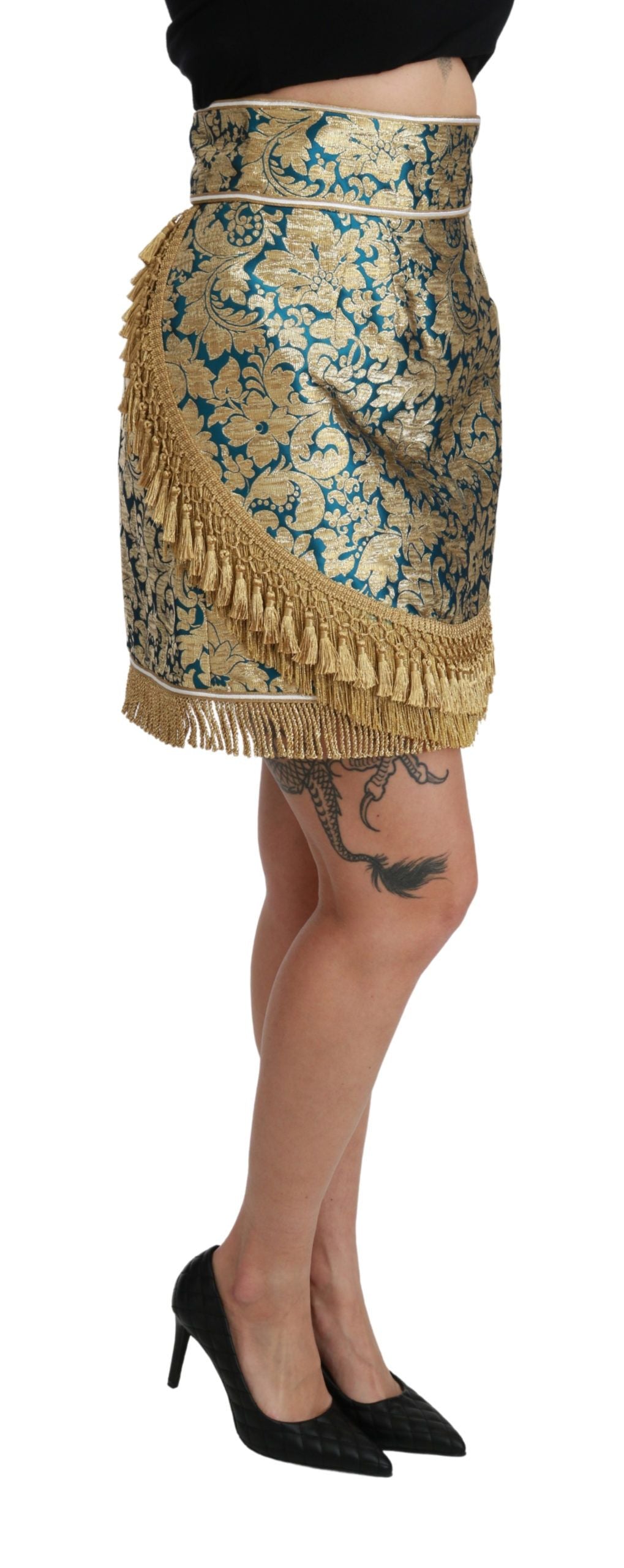 Dolce &amp; Gabbana Blue High Waist Jacquard Tassel Gold Skirt