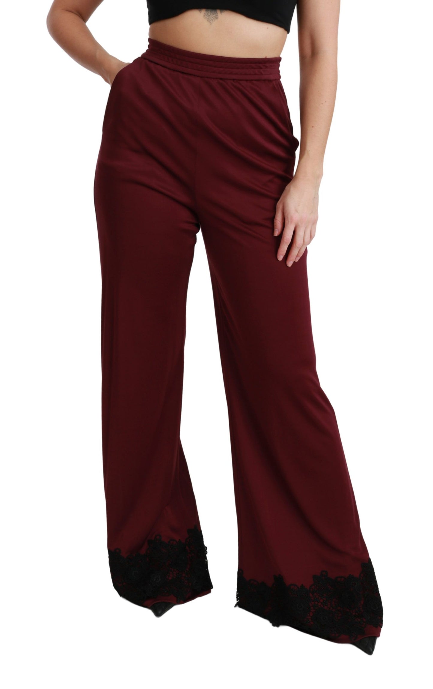 Dolce &amp; Gabbana Black Lace High Waist Wide Leg Maroon Pants