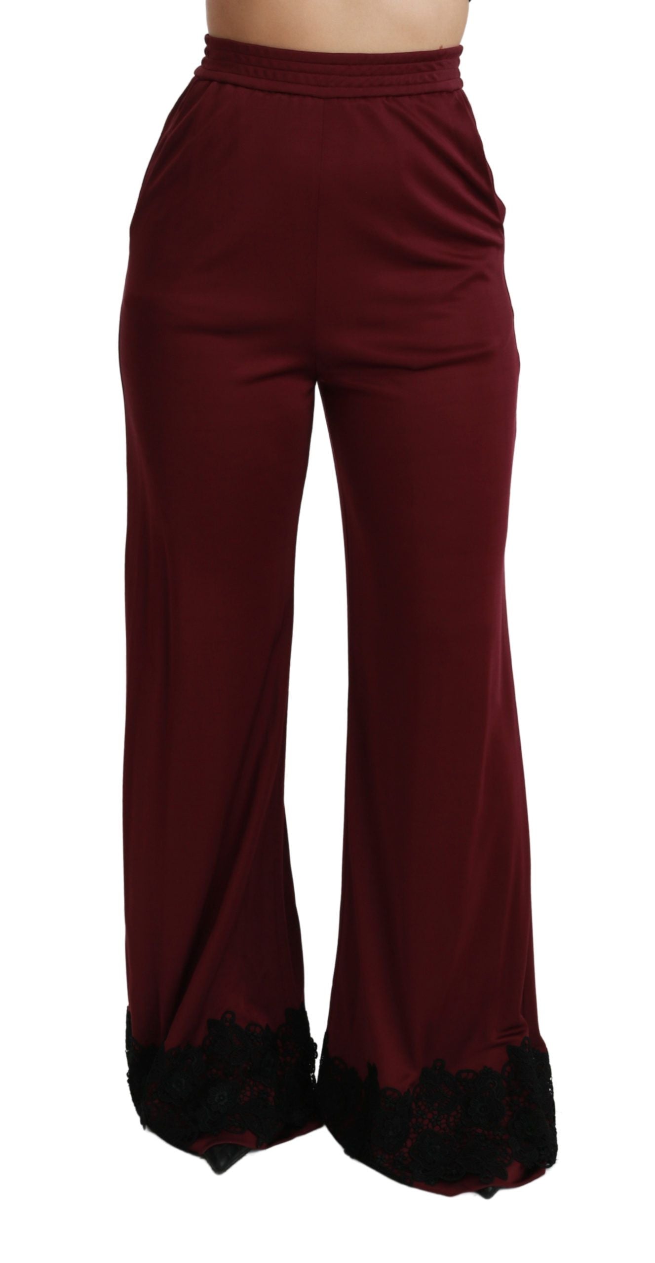 Dolce &amp; Gabbana Black Lace High Waist Wide Leg Maroon Pants