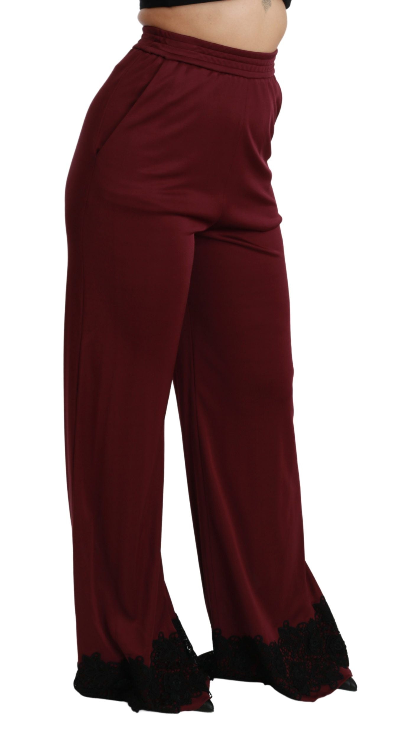 Dolce &amp; Gabbana Black Lace High Waist Wide Leg Maroon Pants