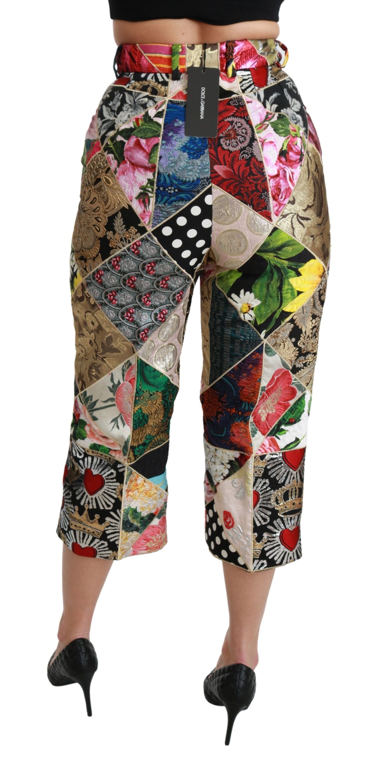 Dolce &amp; Gabbana Silk Multicolor Print High Waist Cropped Pants