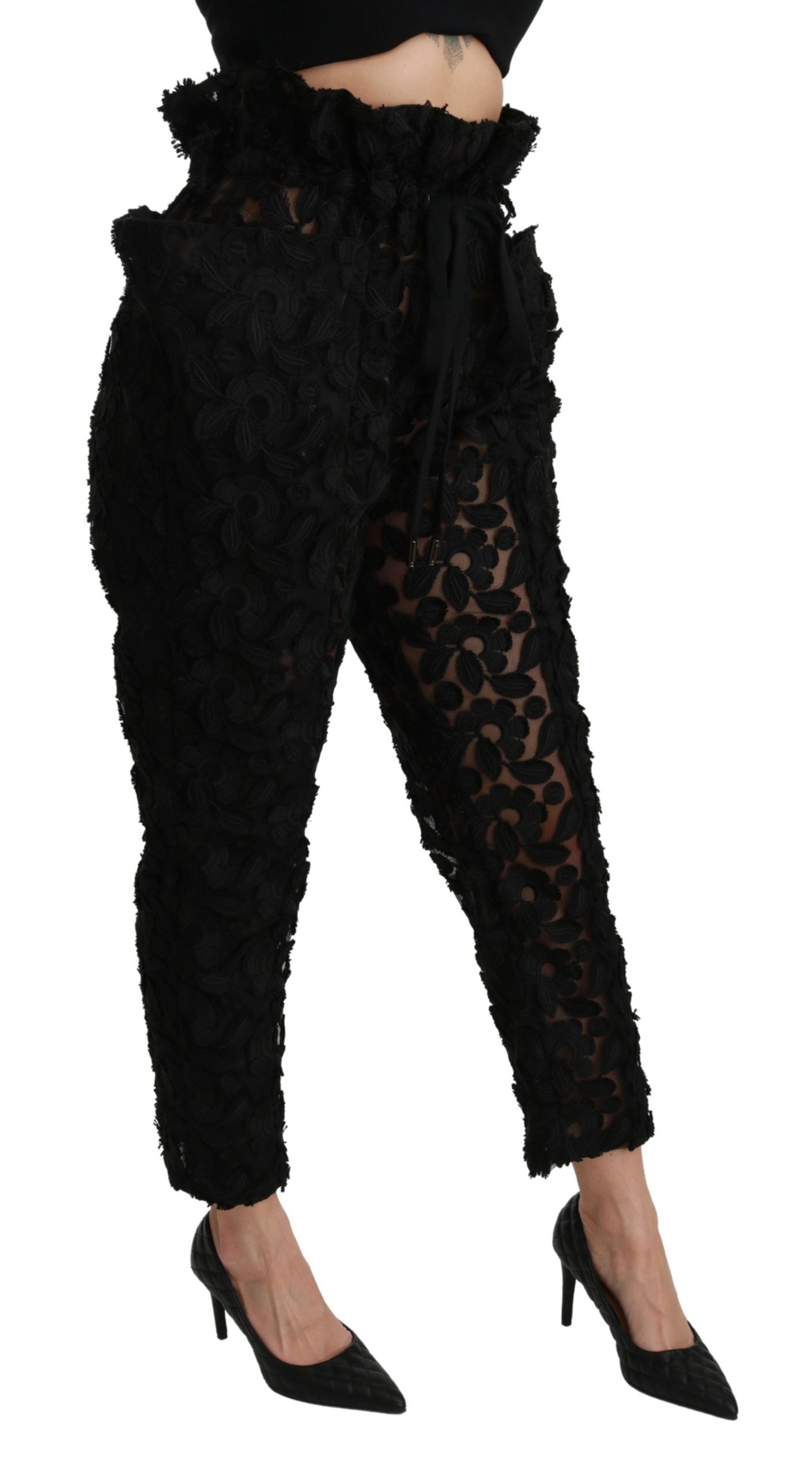 Dolce &amp; Gabbana Black Floral Lace Tapered High Waist Pants