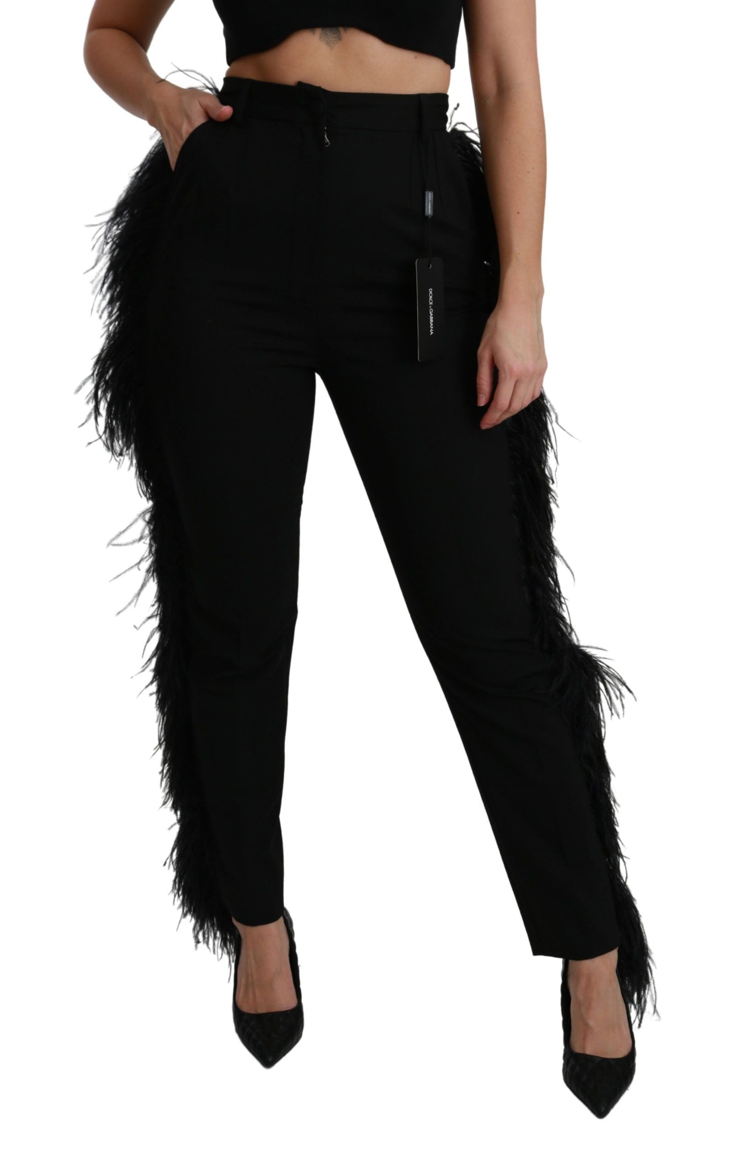 Dolce &amp; Gabbana Black Feather Straight High Waist Wool Pants