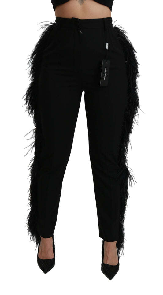 Dolce &amp; Gabbana Black Feather Straight High Waist Wool Pants