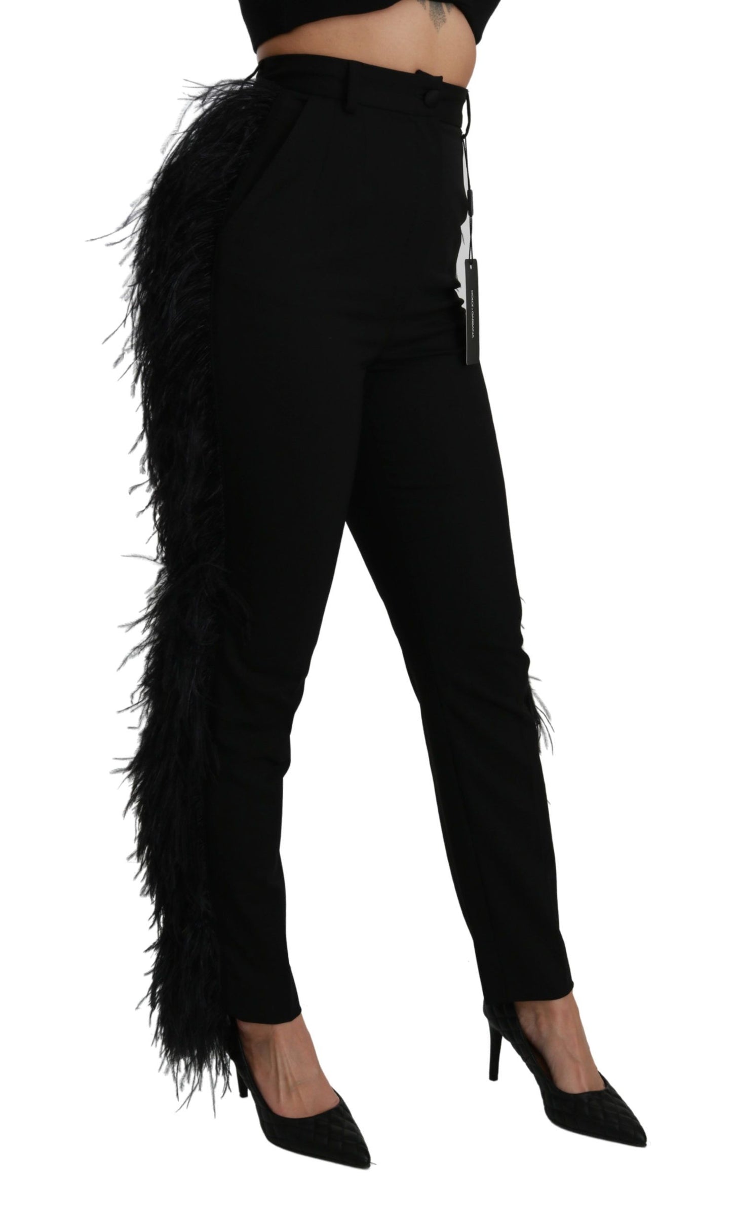 Dolce &amp; Gabbana Black Feather Straight High Waist Wool Pants