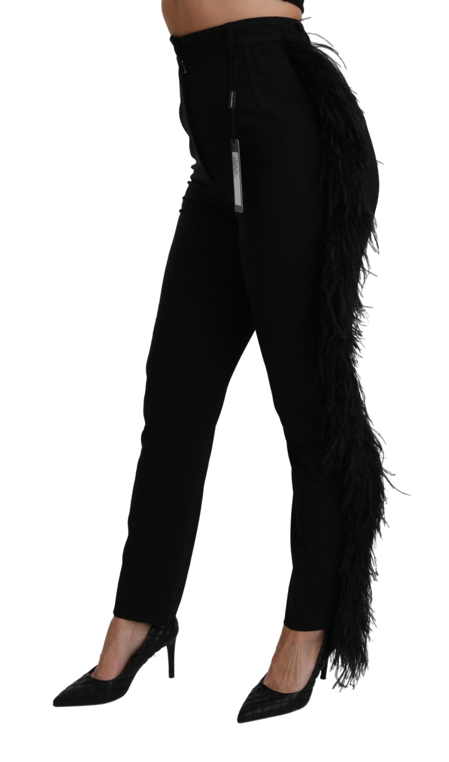 Dolce &amp; Gabbana Black Feather Straight High Waist Wool Pants