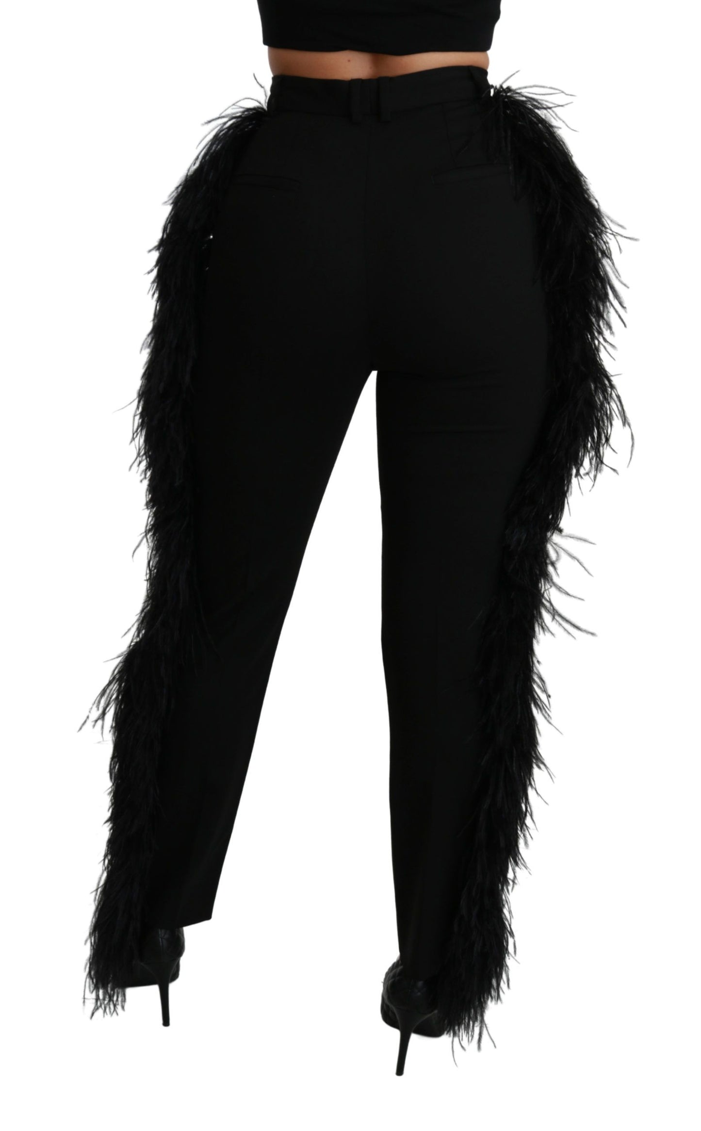 Dolce &amp; Gabbana Black Feather Straight High Waist Wool Pants