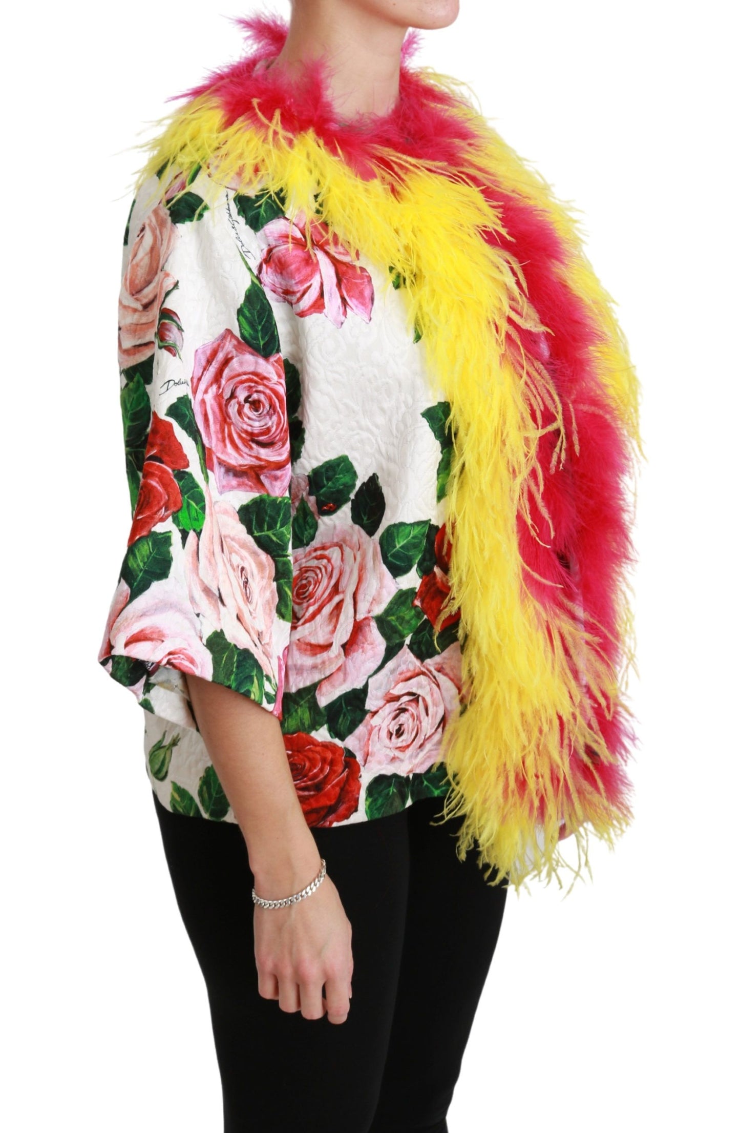 Dolce &amp; Gabbana Weißer Blumenmantel Capte Fur Roses Jacke