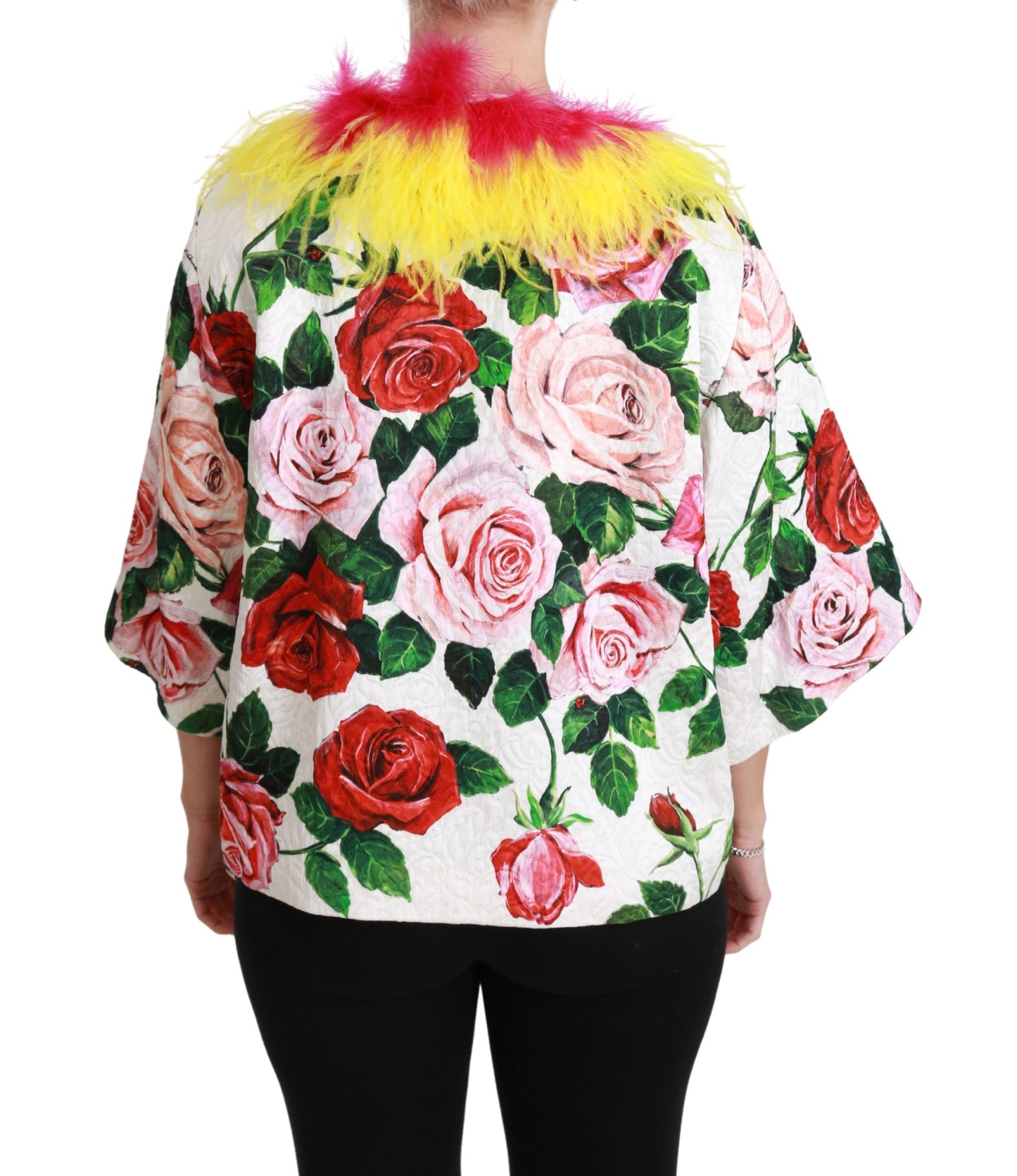 Dolce &amp; Gabbana White Floral Coat Capte Fur Roses Jacket