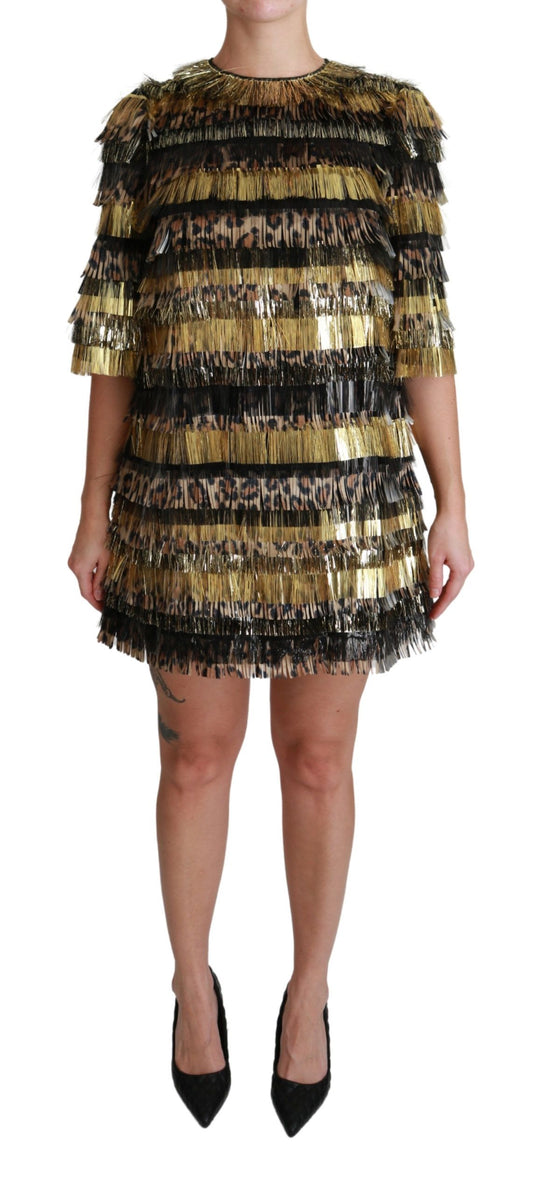 Dolce &amp; Gabbana Polyester Black Gold Leopard Shift Mini Dress