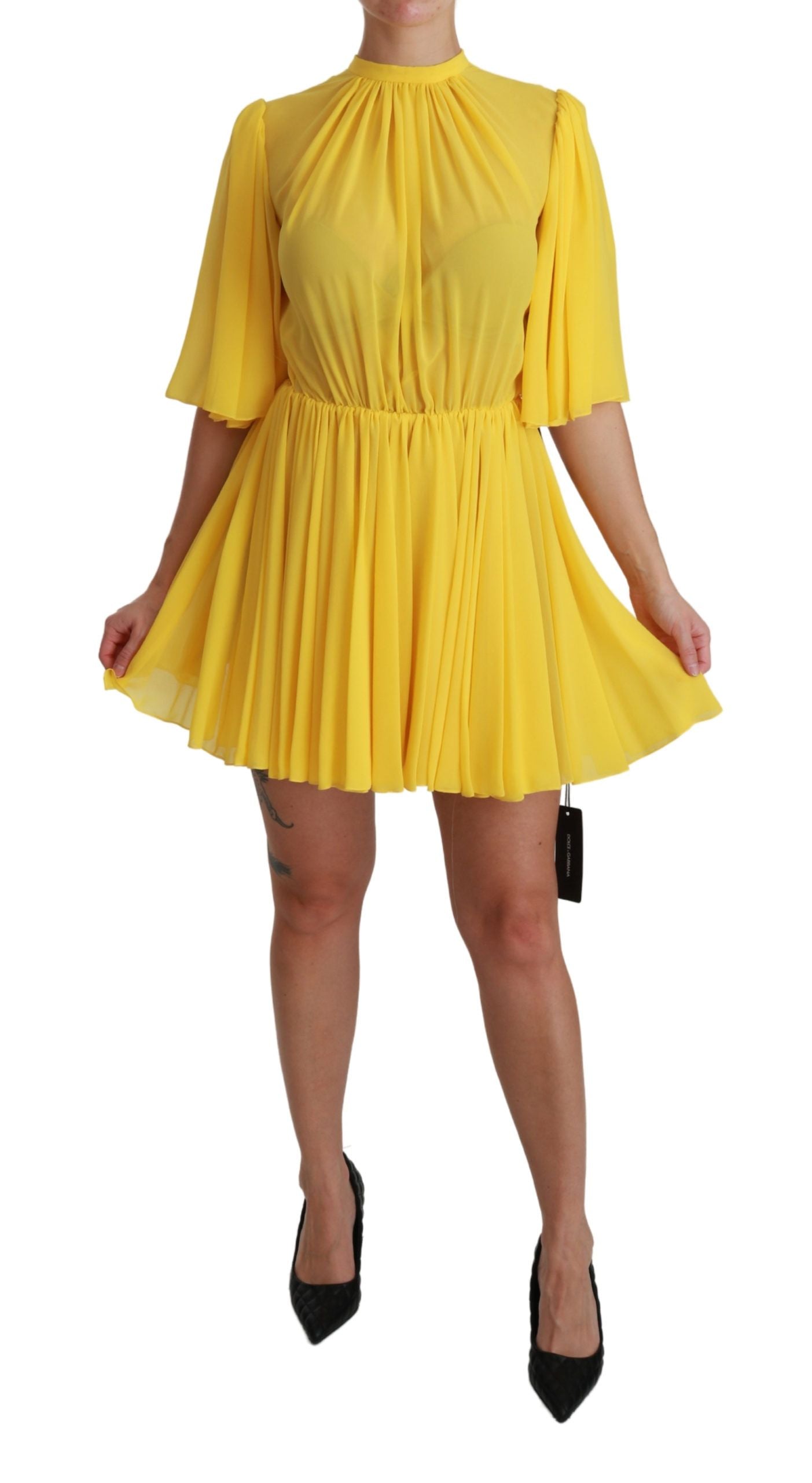 Dolce &amp; Gabbana Yellow Pleated A-line Mini 100% Silk Dress