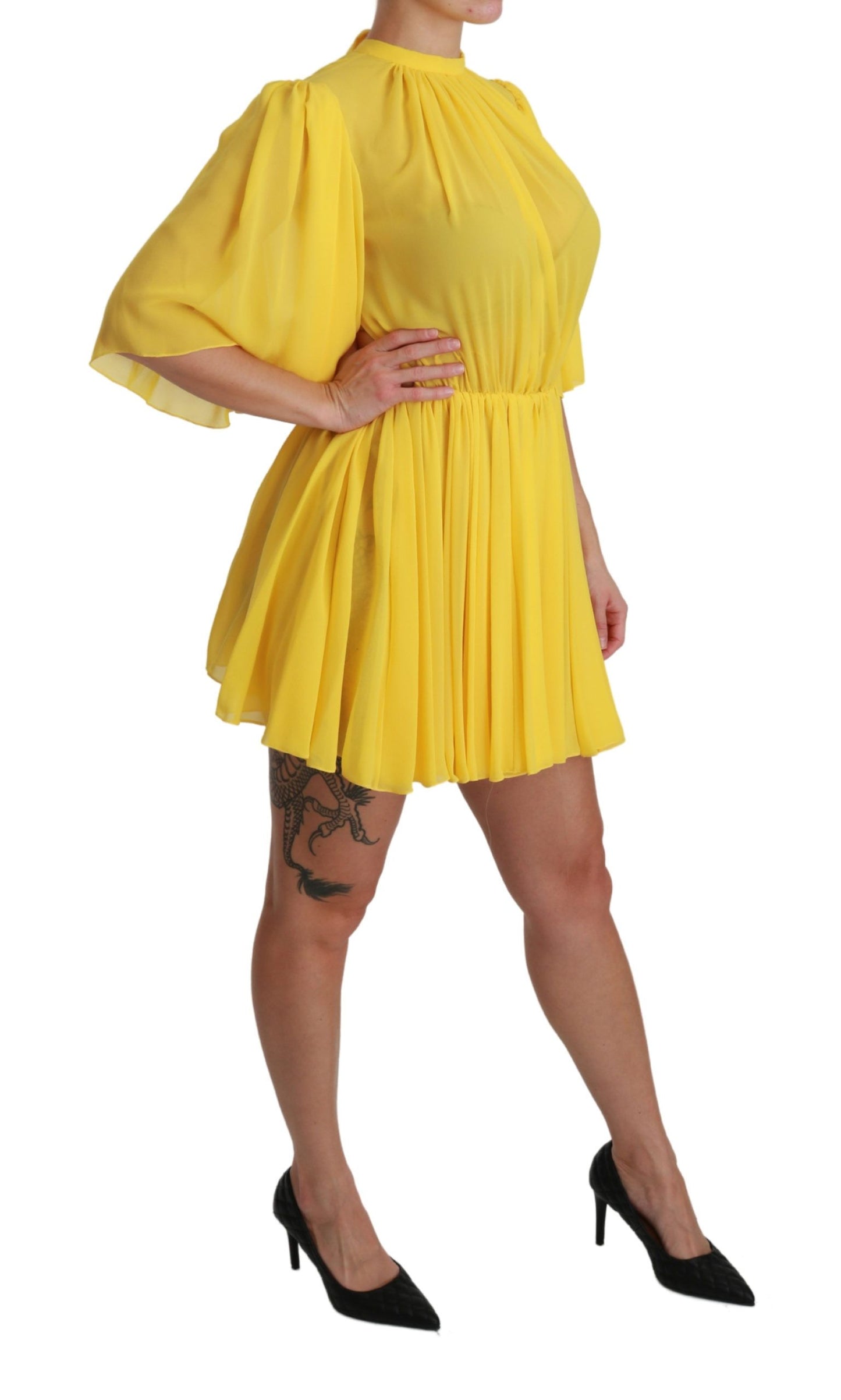 Dolce &amp; Gabbana Yellow Pleated A-line Mini 100% Silk Dress