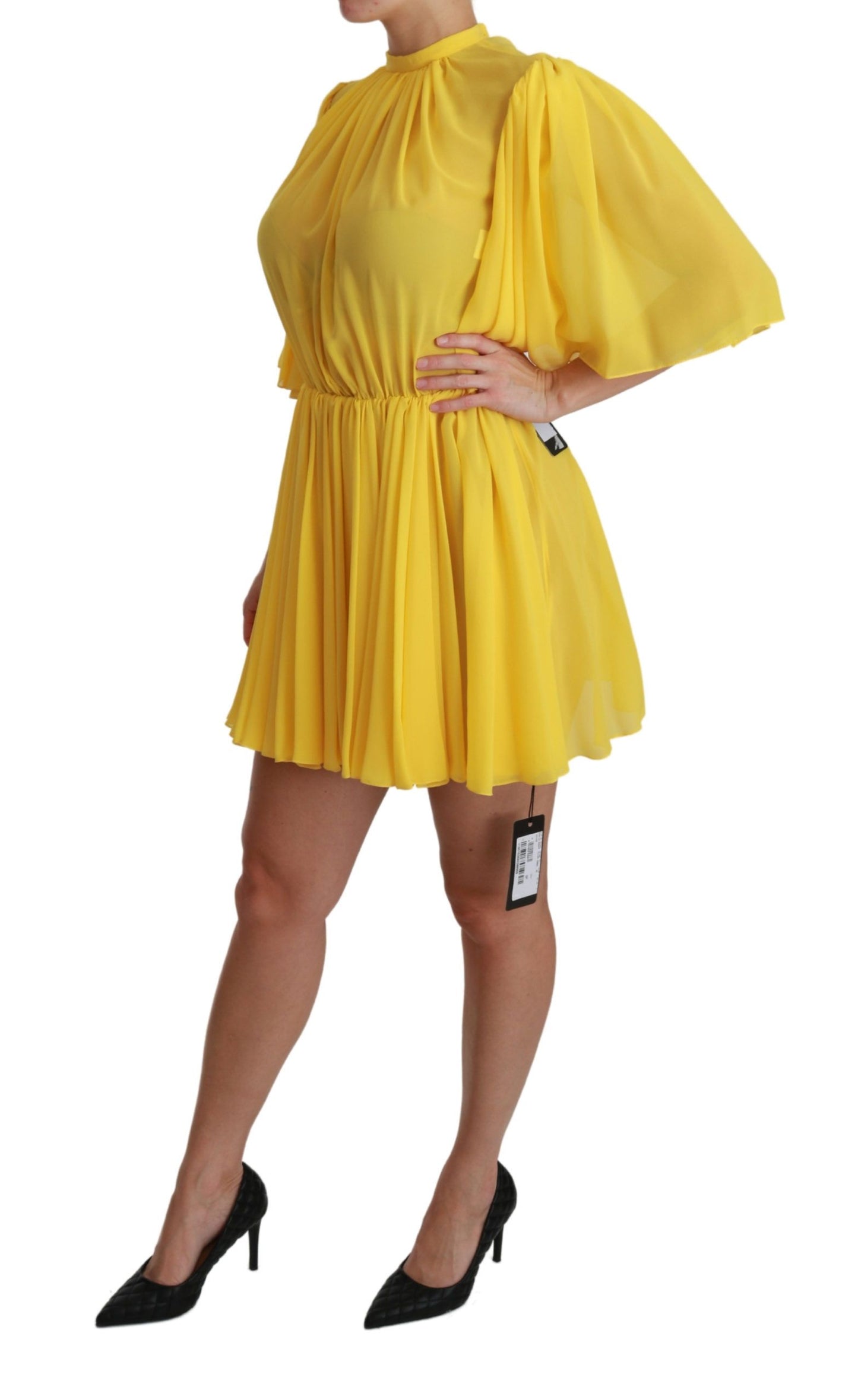 Dolce &amp; Gabbana Yellow Pleated A-line Mini 100% Silk Dress