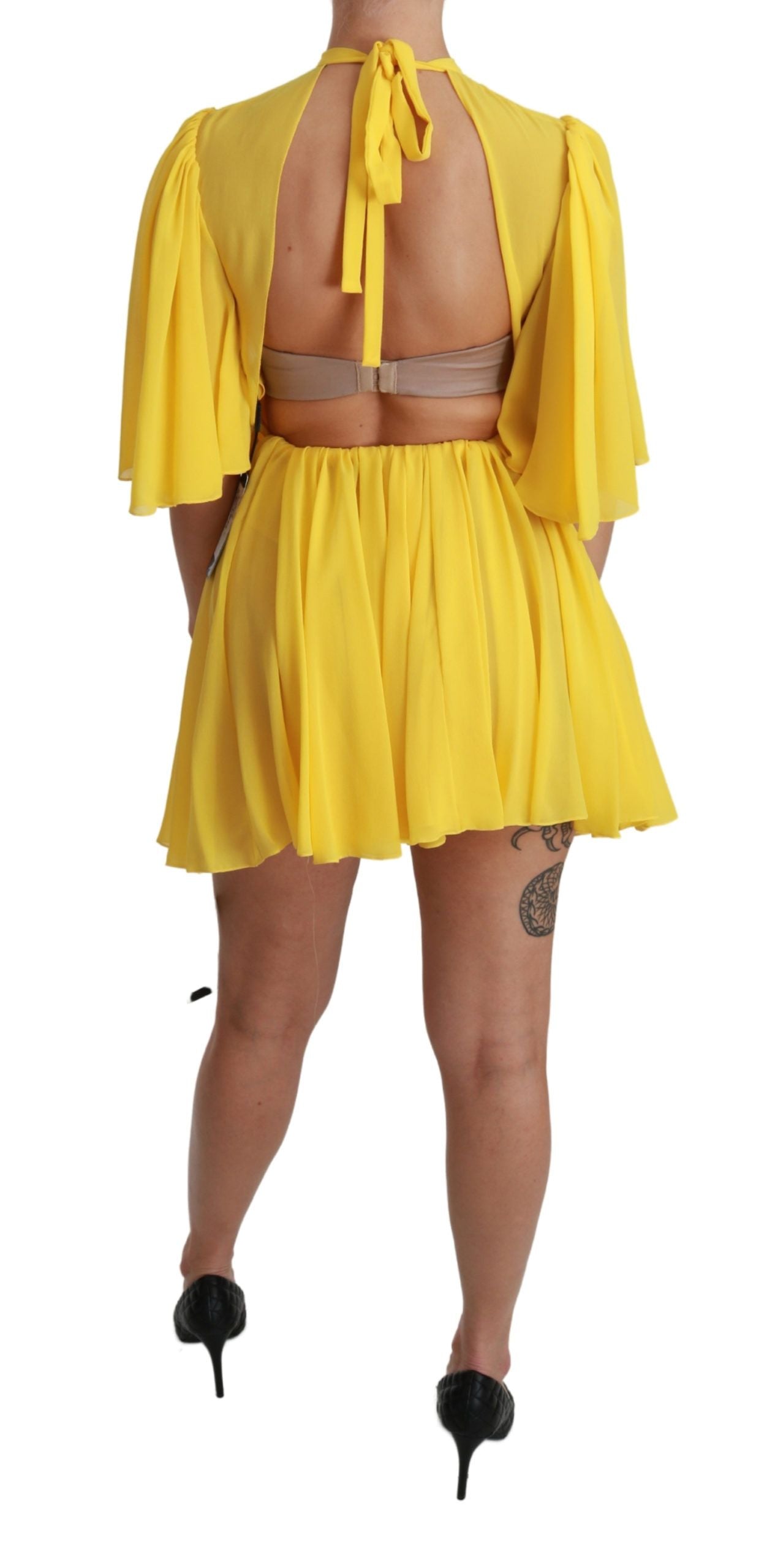 Dolce &amp; Gabbana Yellow Pleated A-line Mini 100% Silk Dress